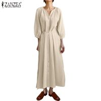 ▥▽✹ ZANZEA Women O Neck 3/4 Sleeves Buttons Down Front Slit Casual Long Dress