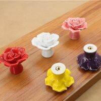 Rose Flower Ceramic Door Knobs Drawer Pulls Cupboard Door Handles with Screw