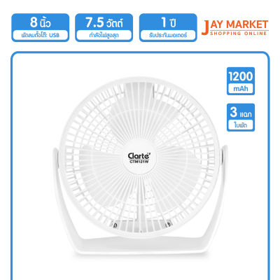 CLARTE สินค้าขายดี พัดลมตั้งโต๊ะไร้สาย 8 นิ้ว CTM121W(สีขาว) ClarteThailand