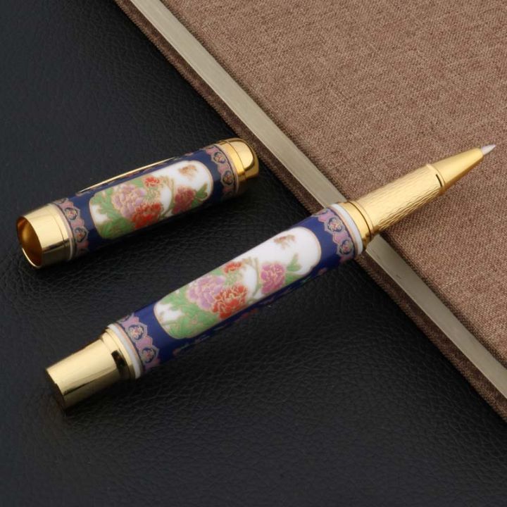 blue-and-white-chinese-porcelain-with-peony-flower-painting-rollerball-pen-stationery-office-school-supplies-writing-pens
