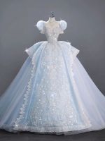and snow blue princess wedding dress 2023 new bride heavy industry luxury trailing high-end palace style puff sleeve summer