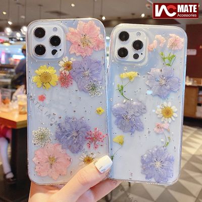 Real Flower Case For iPhone 14Pro Max 14Plus 13Pro Max 13 12ProMax 12 11 X Max 8P Luxury Sparkle Fresh Floral Soft Case For Girls Ladies