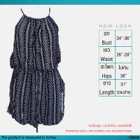 USED New Look - Navy Blue Graphic Camisole Jumpsuit | จั๊มพ์สูทสีกรมท่า สีขาว จั๊มพ์สูทขาสั้น แขนกุด ลายกราฟิก ลายชนเผ่า สายฝอ แท้ มือสอง