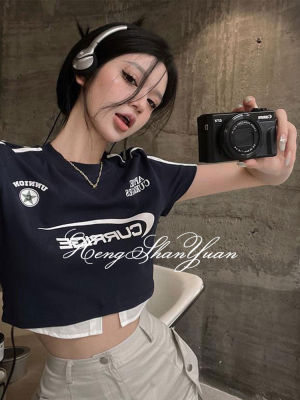 HengShanYuan เสื้อยืดผู้หญิงบาง,2023โมเดลลำลองขาสั้นปลอมพิมพ์ตัวอักษรสองตัวสไตล์กีฬาอเมริกาแบบย้อนยุคใหม่
