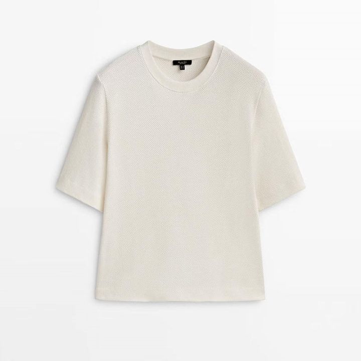 massimo-dutti-2023เสื้อยืดแขนสั้น-ชุดเดรสหน้าร้อนใหม่เสื้อยืดคอกลมสีขาวสวมใส่สบายผ้าฝ้ายสีขาว5นาที