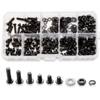 300Pcs M3 Black Round Hexagon Carbon Steel Screw Bolts Nut Flat Pad Washers Spring Box Kit