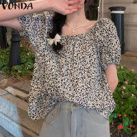 (จัดส่งฟรี)Fancystyle VONDA เสื้อเบลาส์แขนพองเปิดไหล่สำหรับผู้หญิงเสื้อพิมพ์ลายดอกไม้สำหรับวันหยุดชายหาด