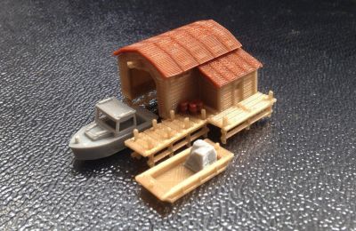 Outland Models Boathouse with Boat and Pier Z Scale 1:220 Train Railway Scenery