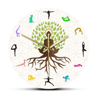 Yoga Studio Tree Of Life Colorful Wall Watch Clock Natural Energy For Meditation Silent Horloge Klok Lotus Pose Tree Watch
