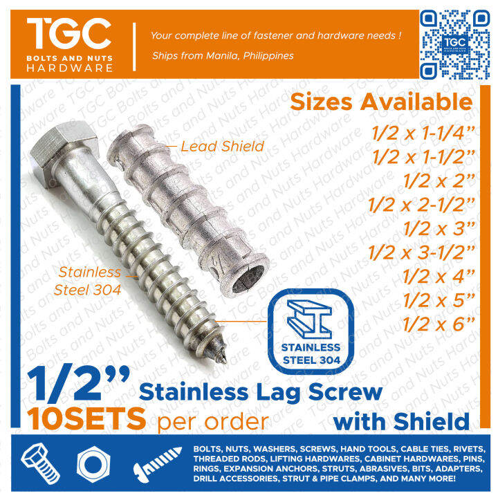 TGC 10PCS 1/2 x 21/26in. STAINLESS Lag Screw with Expansion Shield