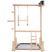 Parrots Playground,Natural Wooden Parrot Perch Gym Play Stand Parakeet with Feeder Cups and Toys Exercise Play