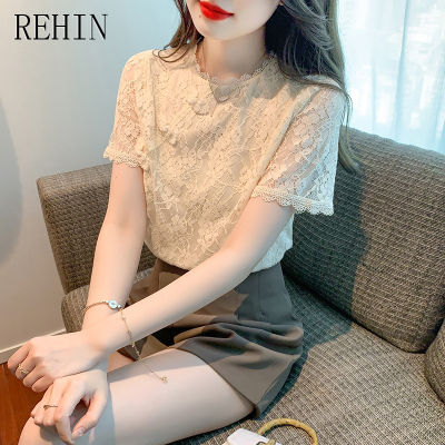 REHIN เสื้อผู้หญิงเสื้อผู้หญิงแขนสั้นเทรนด์เก๋ไก๋กระดุมดิสก์ชุดดีไซน์ใหม่ฤดูร้อน