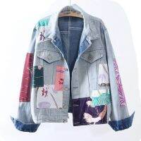 Applique Print Turn-Down Collar Loose Denim Short Jacket Womens Clothing 2021 New Cartoon Casual Coats