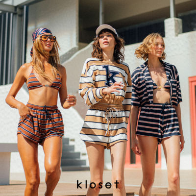 Kloset (KK22-SET001) K  stripes Set เสื้อจั๊มเอว-กางเกงขาสั้นเอวยางยืด เสื้อมียางยืดปลายแขน เสื้อKLOSET เสื้อผู้หญิง