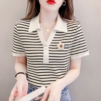 Stripe Shirt Women Short Sleeve Polo Blouse Korean Style Fashion Casual Loose Tops New