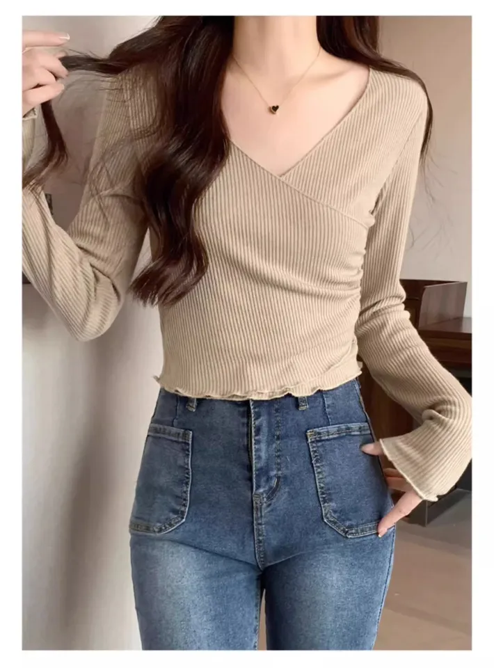 Sexy Women Low Cut V Neck Slim Fit Blouse Long Sleeve Cross Front