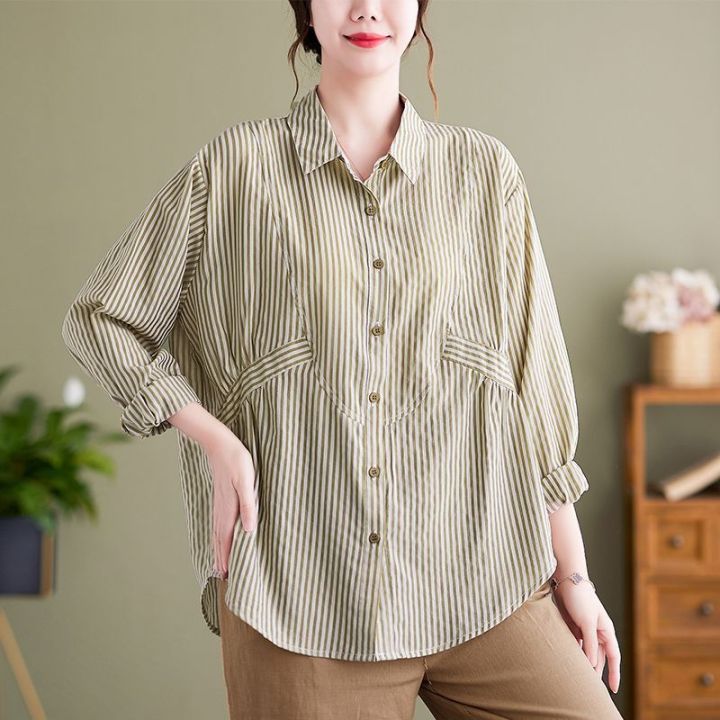 whitetime-art-van-stripe-เสื้อแขนยาวทรงหลวมสำหรับผู้หญิงอารมณ์ของต้นฤดูใบไม้ร่วงกองทุนใหม่ลบด้วยการแสดงอายุบางใหญ่-shirt301t2542หลา