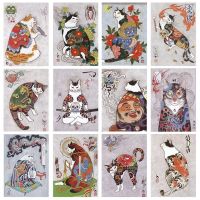 2023▼☋ Vintage Japanese Style Tattoo Cat Canvas Paintings Animals Samurai Cat Posters and Prints Wall Art for Living Room Home Decor