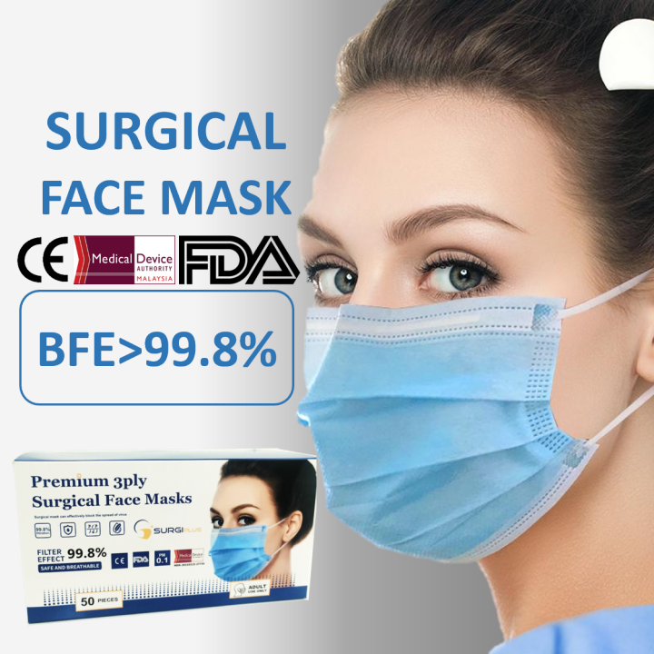 Surgiplus 50PCS SURGICAL FACE MASK 3 PLY BFE >99%, SURGICAL FACE MASK ...