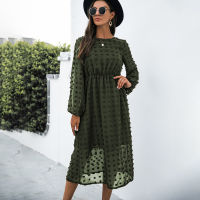 2021Fashion O-neck Long Sleeve Office Dress Women 2021 Autumn Elegant Casual Chiffon Party Vintage Midi Dresses For Woman Robe Femme