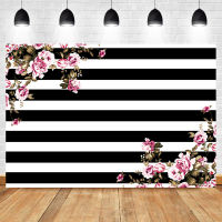 Mocsicka Pink Flower Birthday Party Photo Background Watercolor Painting Floral Black White Stripe Photography Backdrops