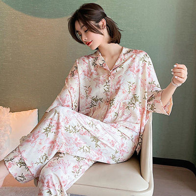 2021Floral Ensembles De Pyjama Pour Femme Summer Womens Pajamas Sleepwear Print Peignoir Nightgown Turn-down Collar Nightie