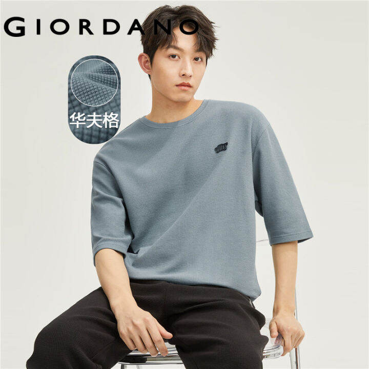 Giordano Men Letter badge 3/4 sleeve loose waffle tee Free Shipping ...