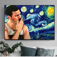 ผ้าใบ Wall Art Of Freddie Mercury Rock Star ในคืนที่เต็มไปด้วยดวงดาวของ Van Gogh สำหรับตกแต่งบ้านและตกแต่งห้องนั่งเล่น