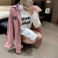 2023 R Hong Kong Style Loose Miu MiuˉLapel Long Sleeve Plaid Elegant Western Style Embroidery Coat Shirt Womens Clothing