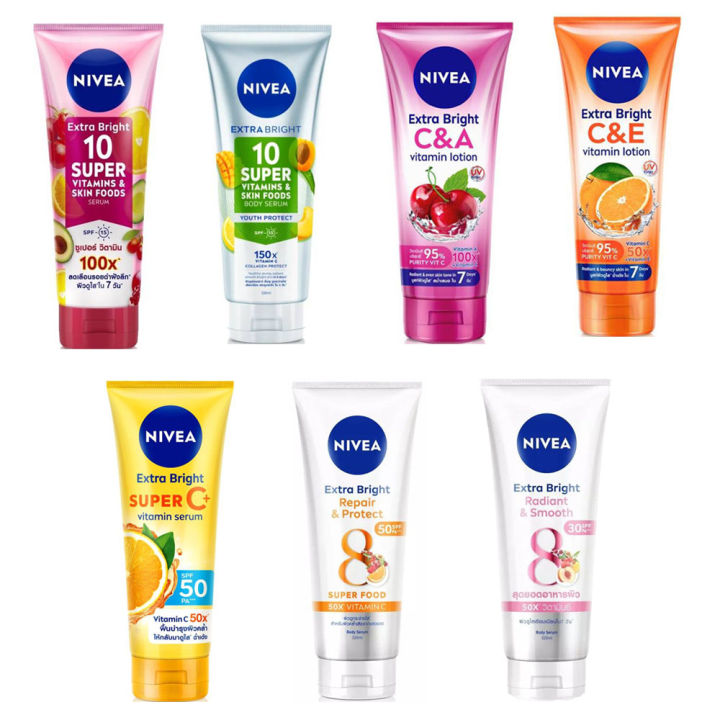 nivea-นีเวีย-เอ็กซ์ตร้าไวท์-ซีแอนด์เอ-และ-ซีแอนด์อี-โลชั่น-และ-ไบรท์-10-ซูเปอร์-วิตามิน-แอนด์-สกิน-ฟู้ด-เซรั่ม320มล