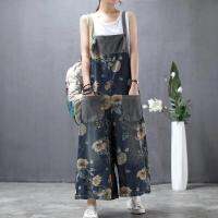 Spring Summer Vintage Floral Print Baggy Loose Casual Denim Pants Wide Leg Ankle Length Jeans Female Trendy Retro Overalls