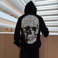 nd Warm Thick Sweatshirt Hip-Hop Loose Characteristic Personality Skull Pullover Rhinestone Luxury Mens Hoodie