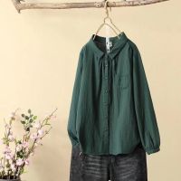 【มีไซส์ใหญ่】Plus Size M-3XL Womens Turn Down Collar Cotton&amp;Linen Blouses Solid Color Fashion Female Tops