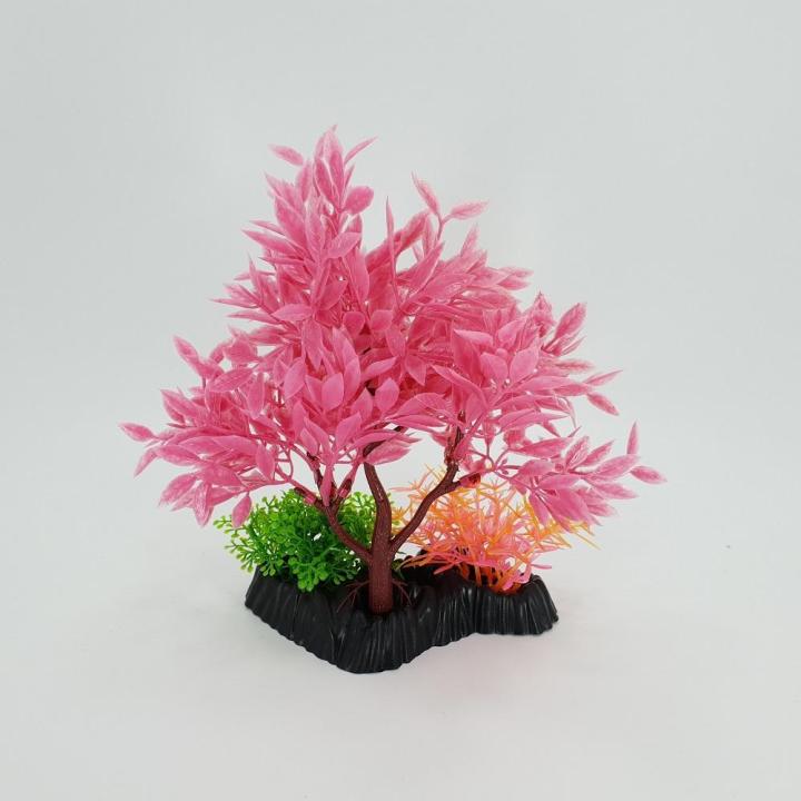 t027-ต้นไม้พลาสติก-ใบสีชมพู-ใช้ตกแต่งตู้ปลา-pink-plastic-leaf-tree-decoration