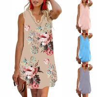 Womens V Neck Lace Trim Floral Print Tank Dress Loose Sleeveless Summer Casual Mini Dress Party Dress Women Casual V-neck Dress Casual Dress Midi Summer Dresses for Women