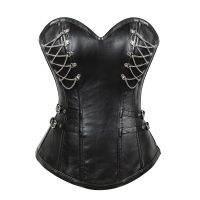 Sliver Chain สไตล์เซ็กซี่ผู้หญิง Steampunk Corset 11 Steel Boned Corset Gothic Faux หนังสีดำ Shaperwear Corsage Korsett