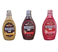 เฮอร์ชีส์ ไซรัป Hersheys Syrup น้ำเชื่อมสำหรับเครื่องดื่ม ไอศครีม และเบเกอรี่ ขนาด 623 กรัม ดาร์กช๊อค สตอเบอรี่ ช็อกโกแลต