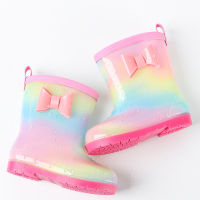 3-18y Children Rain Boots Kids Shoes Girls PVC Rubber Boots Water Shoes Rainbow Bow Waterproof Soft Bottom Non-Slip Rainboots 24