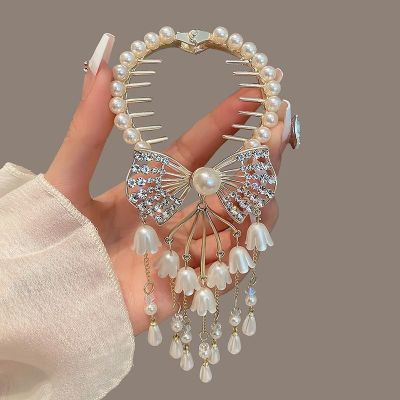 Enchanting Rhinestone Hairpin Luxe Beaded Hair Chain Exquisite Pearl Hair Clip Glamorous Crystal Headband Ornate Gem Hairpin