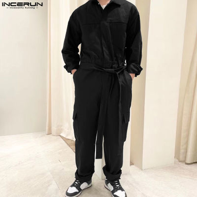 เสื้อแขนยาวสำหรับผู้ชาย INCERUN ชุดรอมเปอร์กระดุมจัมพ์สูทกางเกงคาร์โก้ชุดทำงานโดยรวม (สไตล์เกาหลี)