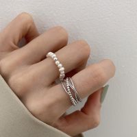 ▲✺ South Korea pearl silver bead chain belt drill four silver ring opening female fashion personality contracted cold wind ring
