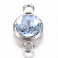 1pc Glass Links connectors Faceted with 304 Stainless Steel Findings Flat Round Stainless Steel Color Light Sapphire 17.5x10x6.5mm Hole: 2.5mm