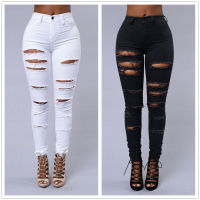 【CW】New Spring Summer Elastic Trousers Black and White Ripped Jeans Fashion Sexy Skinny Denim Pencil Pants S-3XL Drop Shipping