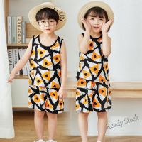 【Ready Stock】 ✠◊ C22 [ZY] 90-150CM Childrens Cotton Silk Vest Suit Jacquard Sleeveless Boys Girls Loose Pajamas Home Service Baby Casual Ready Stock