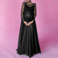 Sale Maternity Photoshoot Maxi Dress Women Mesh See Through Puff Long Sleeve Patchwork Elegant Photography Prop Dropshipping D30