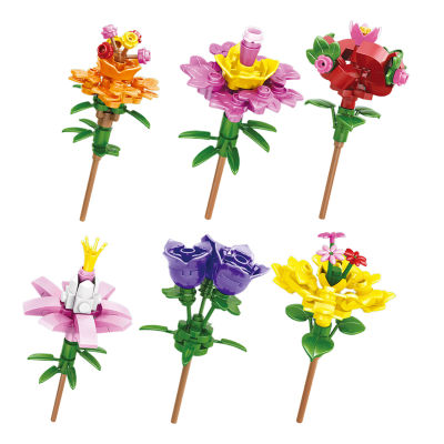 Microgood โมเดลบล็อกตัวต่อดอกไม้6ชิ้น/เซ็ตประกอบได้หลายสไตล์ด้วยอิฐทำเอง3D น่ารักเครื่องประดับของเล่นโมเดลดอกไม้สีกุหลาบวันวาเลนไทน์ของเล่นตกแต่งบ้านสาวๆ