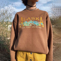 Embroidered Letter Pattern Vintage Brown Crewneck Sweatshirt Women Oversized Winter Tops Brand Design Fashion Teen Girls Clothes