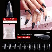 1bag/lot 500pcs 10 size artificial ABS False Fake Nails Full Cover Nail Long salon Transparent clear acrylic stiletto Nail Tips