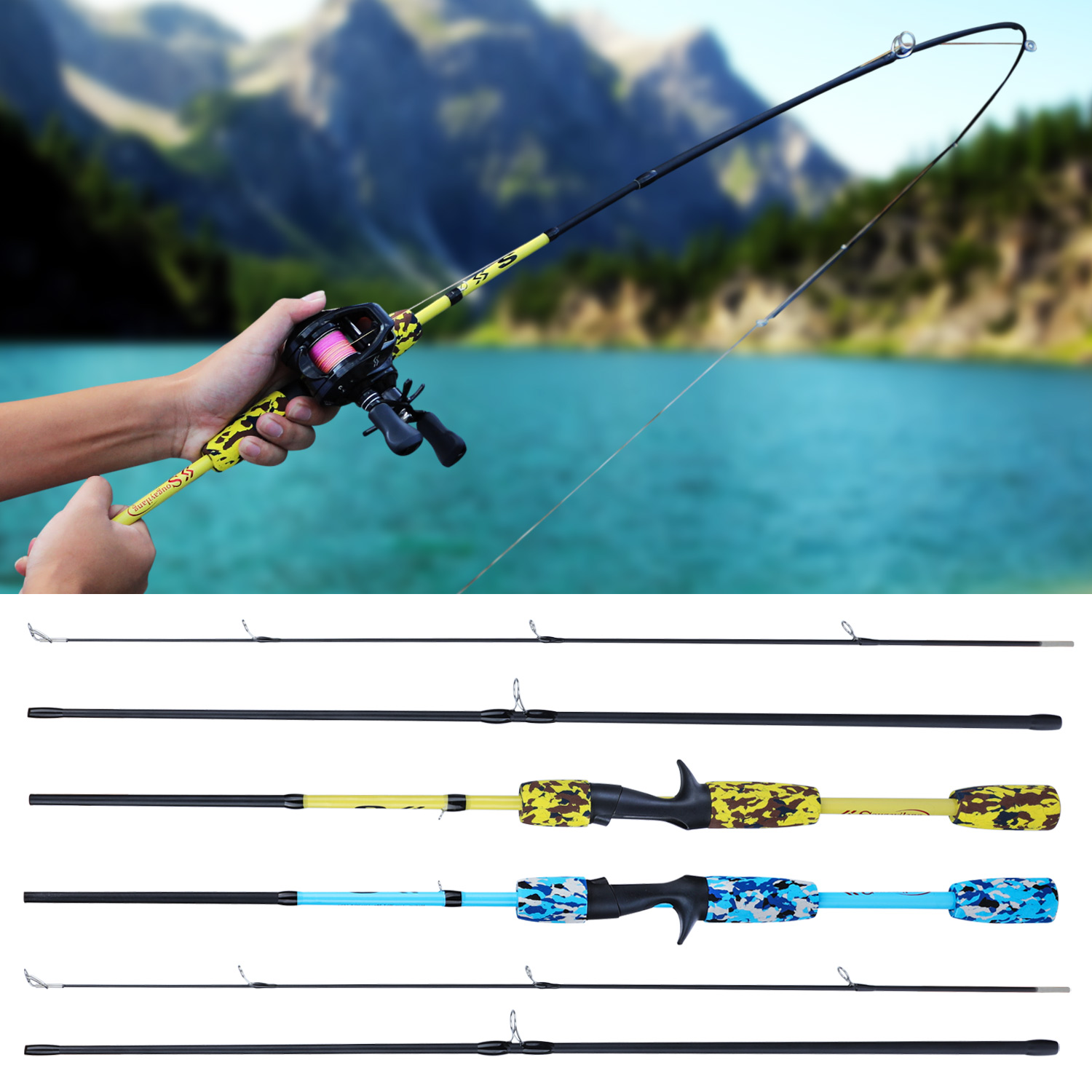 Camouflage Fishing Rod And Reel Combo Set Portable 3 Section Casting Travel new! 