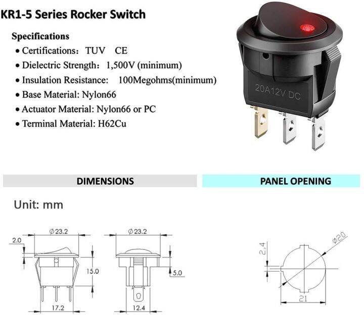 สวิตช์แอมป์20a-20ชิ้น-ล็อต3ขา12v-สวิตช์สลับ-led-กลมรถบรรทุกสวิตช์ควบคุมการเปิด-ปิดสีเหลืองเขียวแดงสีฟ้า